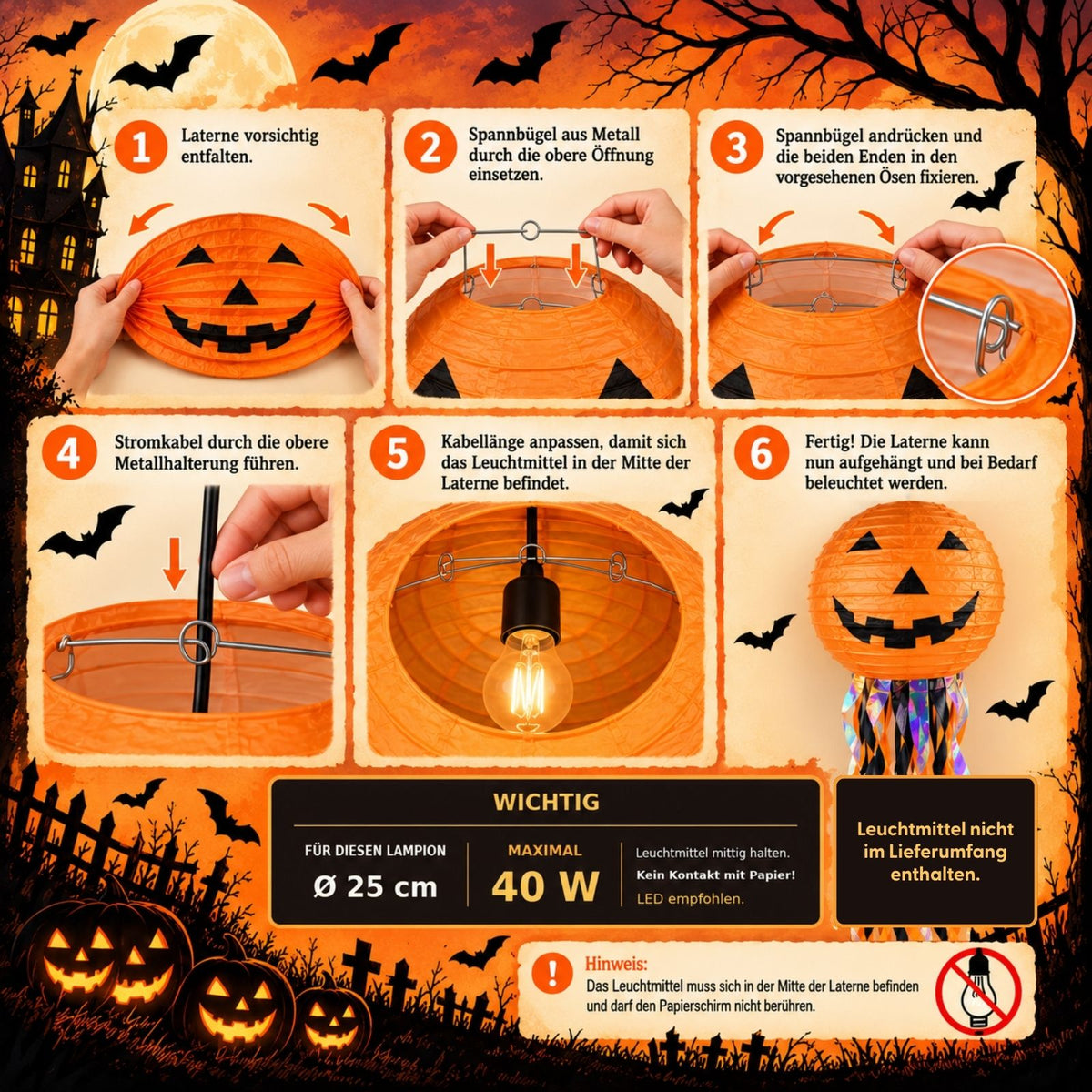 3er-Set Kürbis-Papierlaterne Halloweendeko Partydekoration Papierlampion