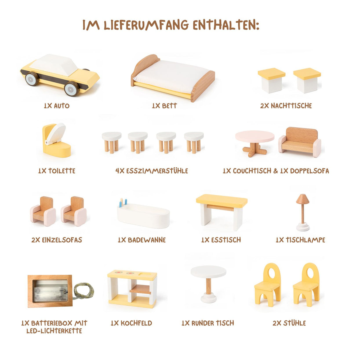 21-tlg. Holz-Puppenhaus mit Zubehör Spielhaus Kinderspielzeug Haus