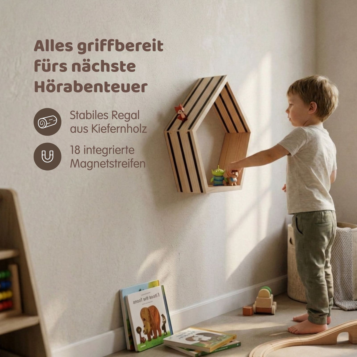 Pentagon-Holzregal für Toniebox und Toniefiguren Spielzeug-Regal