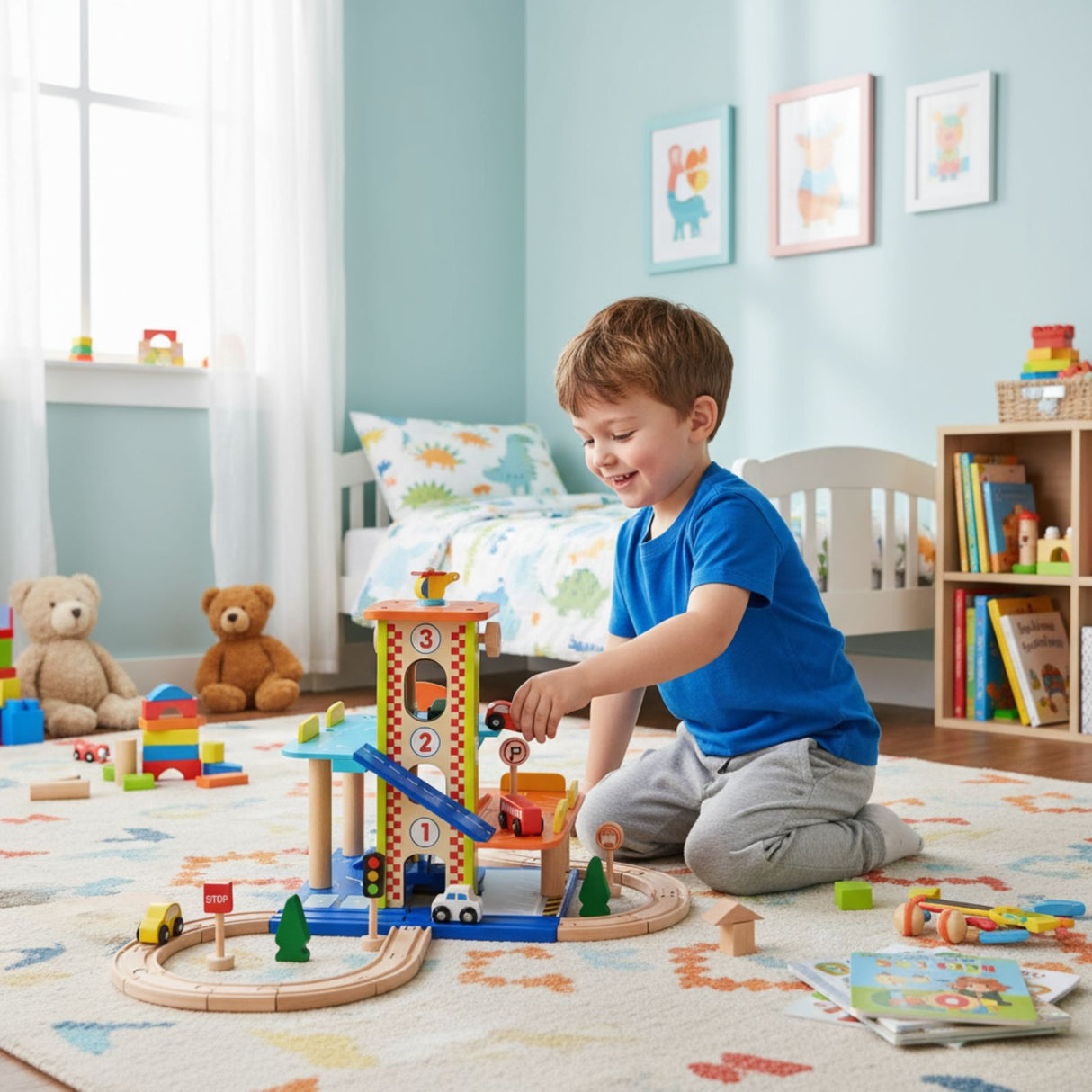 Holz-Parkhaus für Kinder mit Zubehör Spielgarage Parkgarage Spielzeug