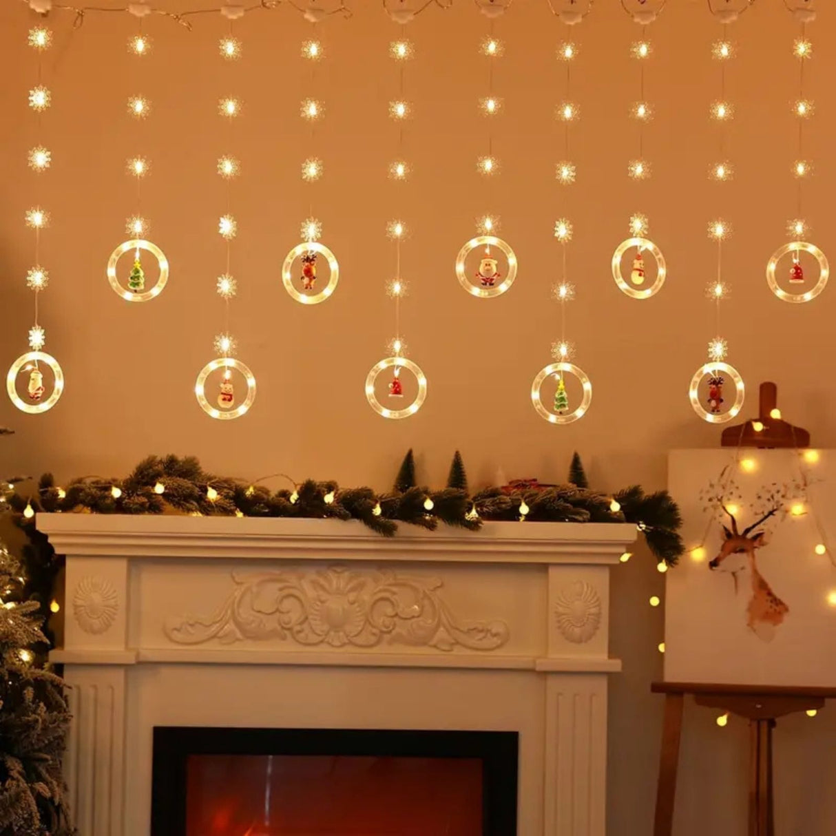 LED Weihnachtslichterkette 3m Lichtvorhang mit Ringen und Schneeflocken
