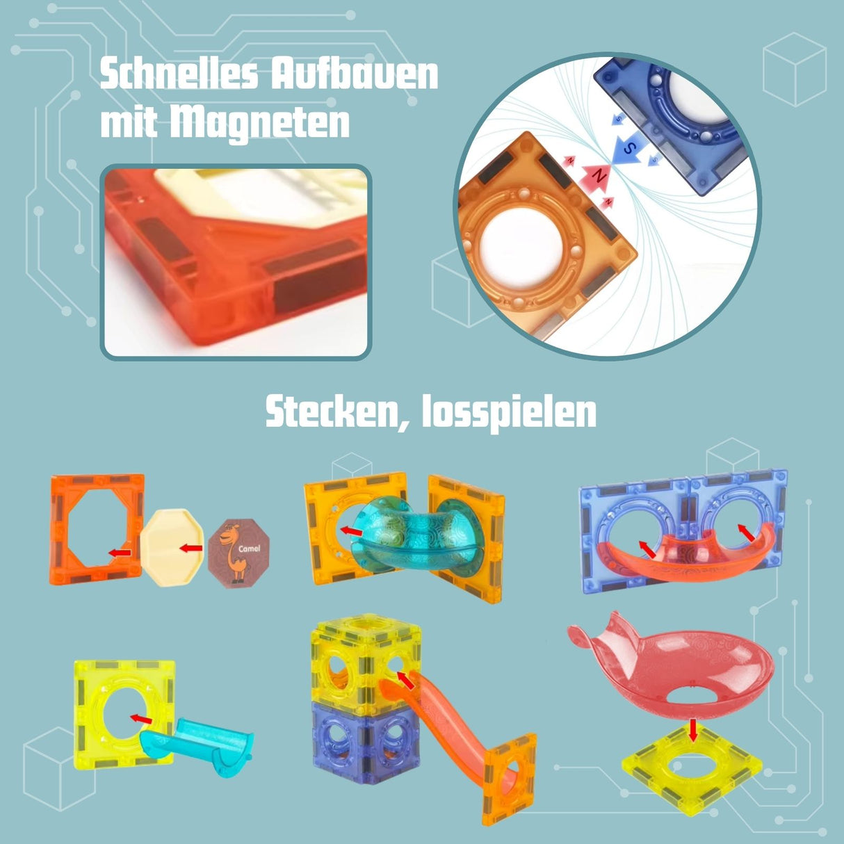 205-tlg. Magnetbahn Magnetische Kugelbahn Magnetbausteine Murmelbahn