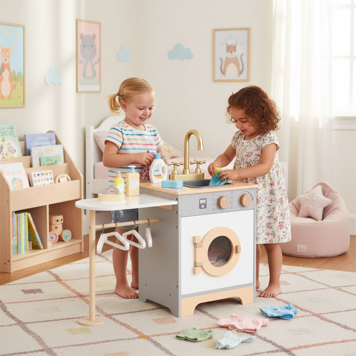 Kinder Spielhaus-Waschmaschine aus Holz mit Zubehör Kinderwaschmaschine