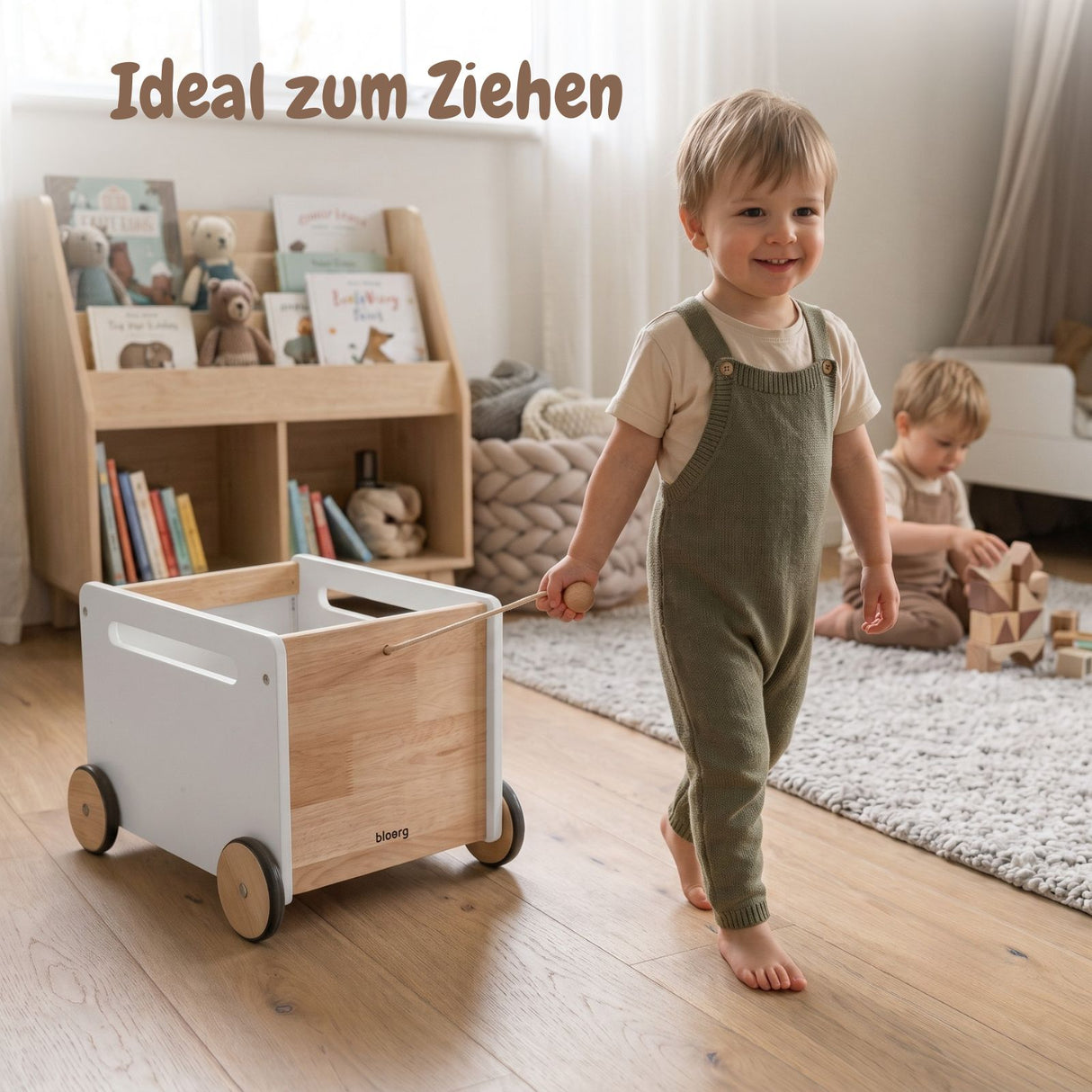 Spielzeugkiste auf Rollen Spielzeugwagen Bücherkiste Holz-Rollbox