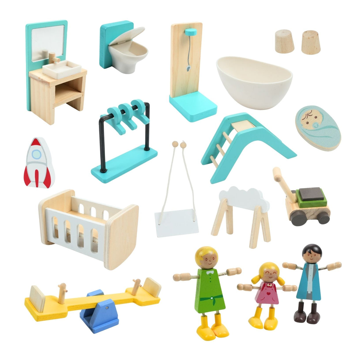 59-tlg. Holz-Puppenhaus mit Puppen Puppen-Villa mit Garten Spielhaus