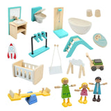 59-tlg. Holz-Puppenhaus mit Puppen Puppen-Villa mit Garten Spielhaus