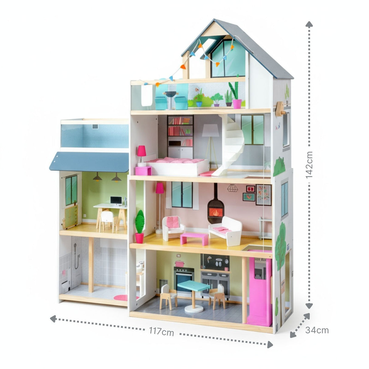 33-tlg. XXL Puppenhaus aus Holz Puppenvilla Spielhaus für Barbies