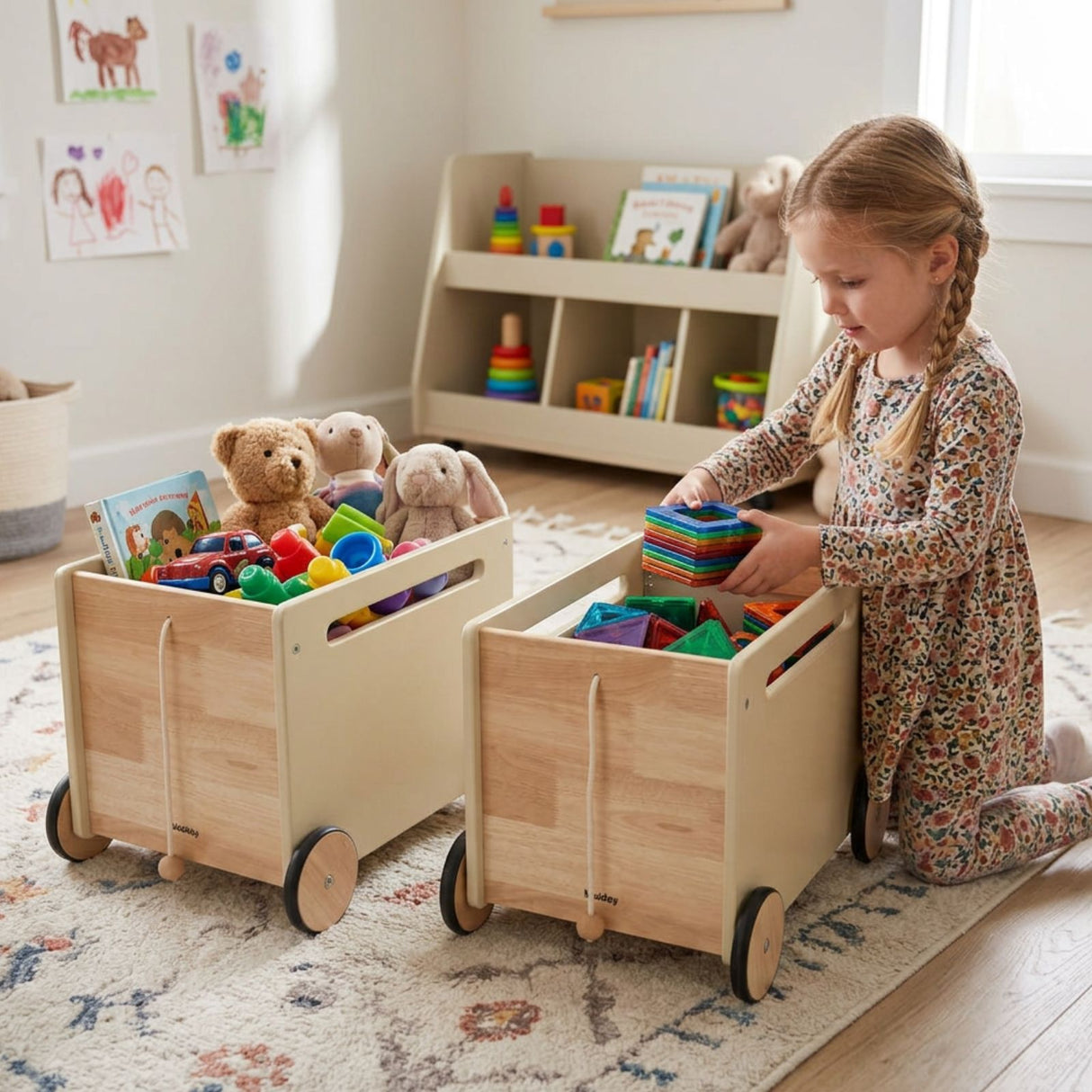 2er-Set Holz-Bücherkiste auf Rollen Spielzeugkiste Spielzeugtruhe