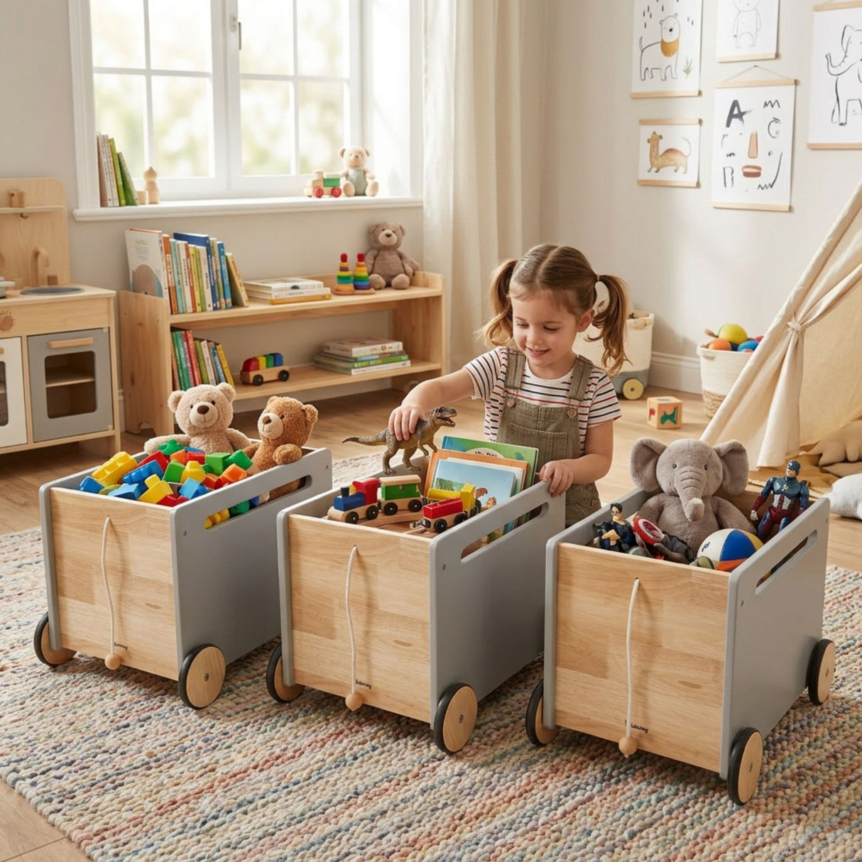 3er-Set Holz-Spielzeugtruhe auf Rollen Spielzeugkiste Bücherkiste