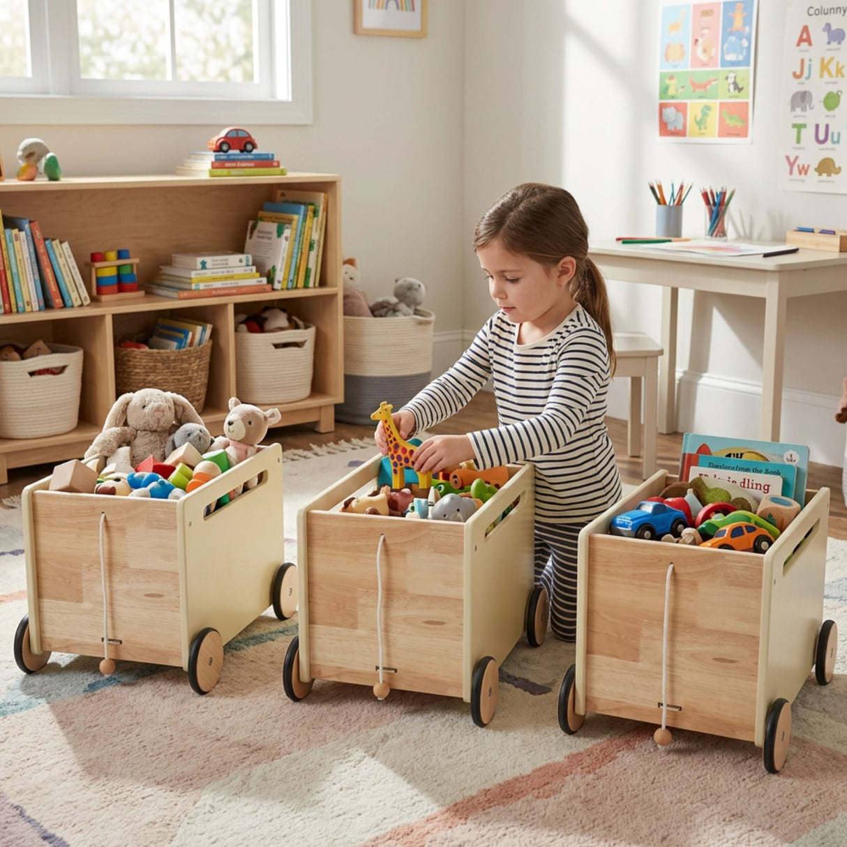 3er-Set Holz-Spielzeugkiste auf Rollen Spielzeugtruhe Bücherkiste