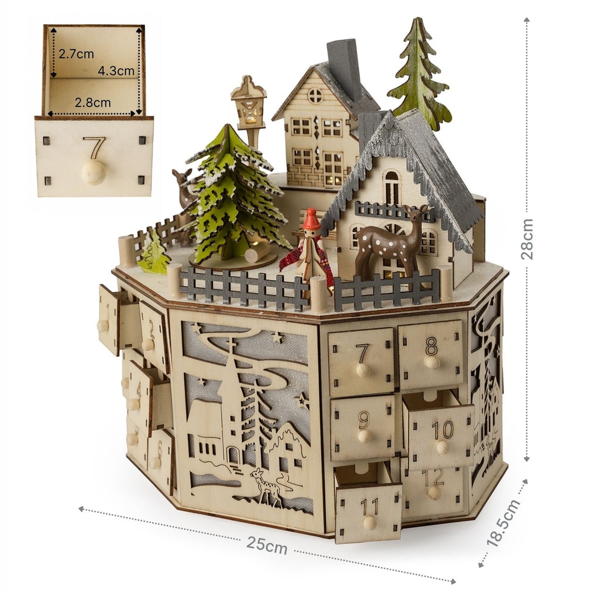 Holz-Adventskalender 24 Schubladen mit LED Weihnachtskalender
