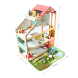 59-tlg. Holz-Puppenhaus mit Puppen Puppen-Villa mit Garten Spielhaus